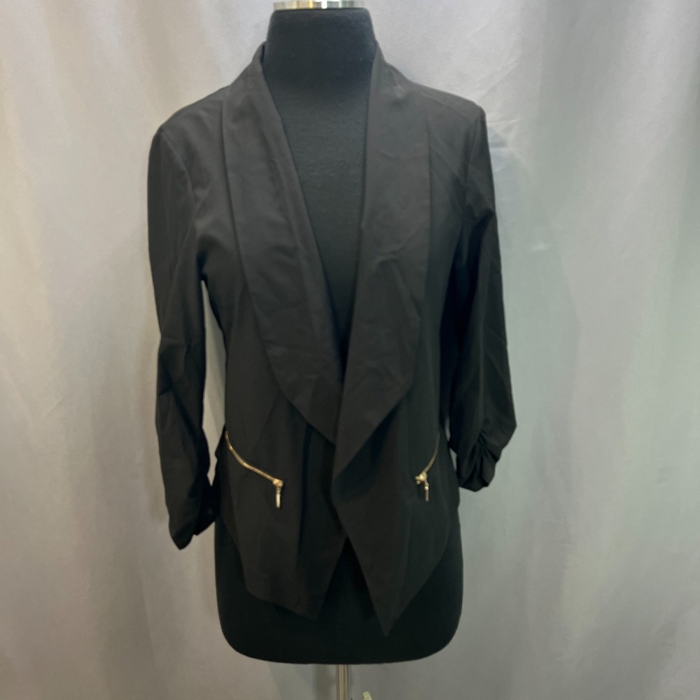 C'est Toi Blazer Jacket Womens M Black Draped Open Front Ruched Sleeve Formal